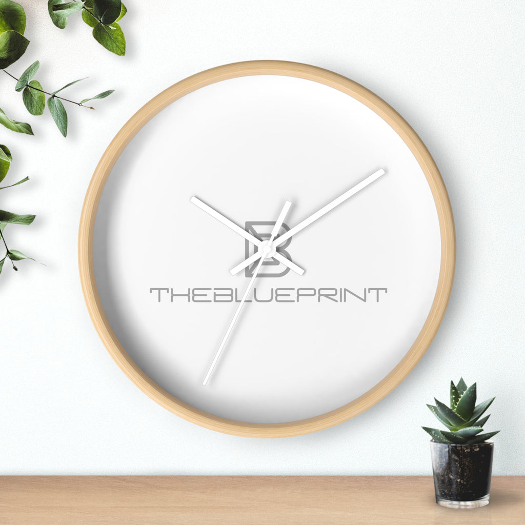 Minimalist Logo Wall Clock — Modern Wooden Frame Clock with 'THEBLUEPRINT' Design