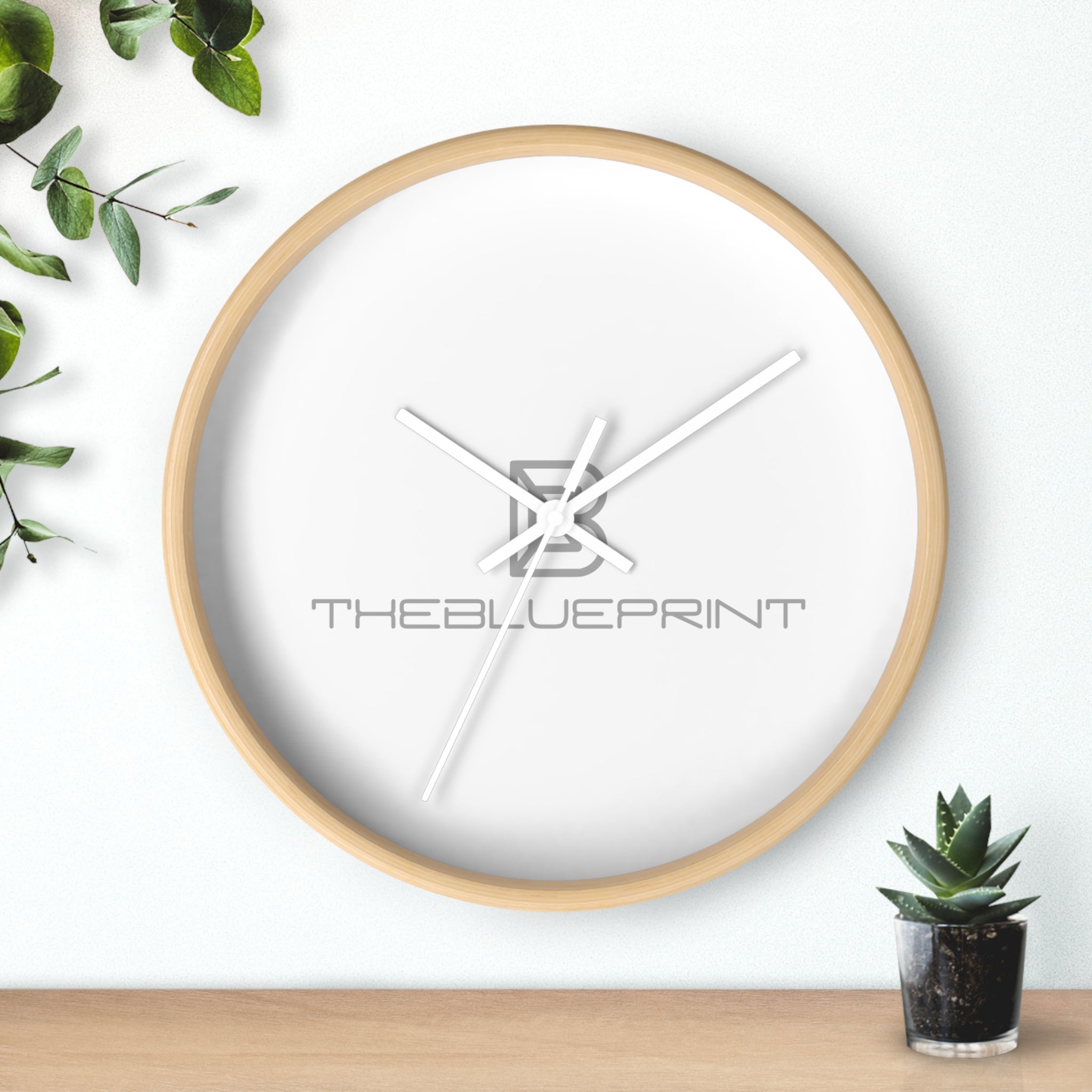 Minimalist Logo Wall Clock — Modern Wooden Frame Clock with 'THEBLUEPRINT' Design