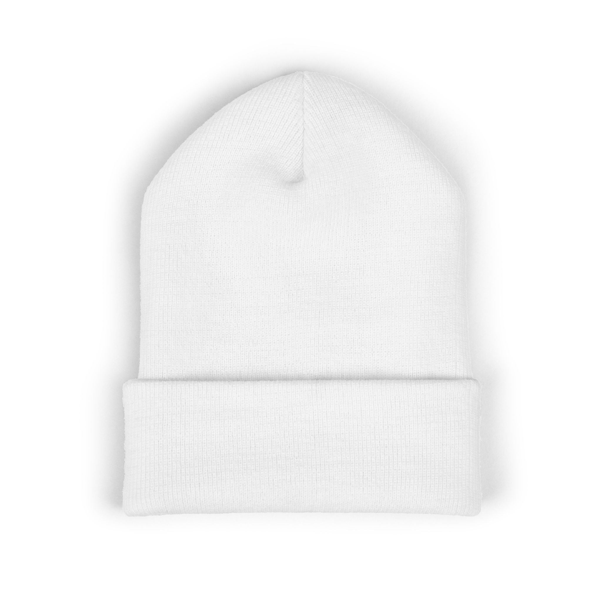Embroidered White Cuffed Beanie — Minimal 'B' Logo Knit Hat