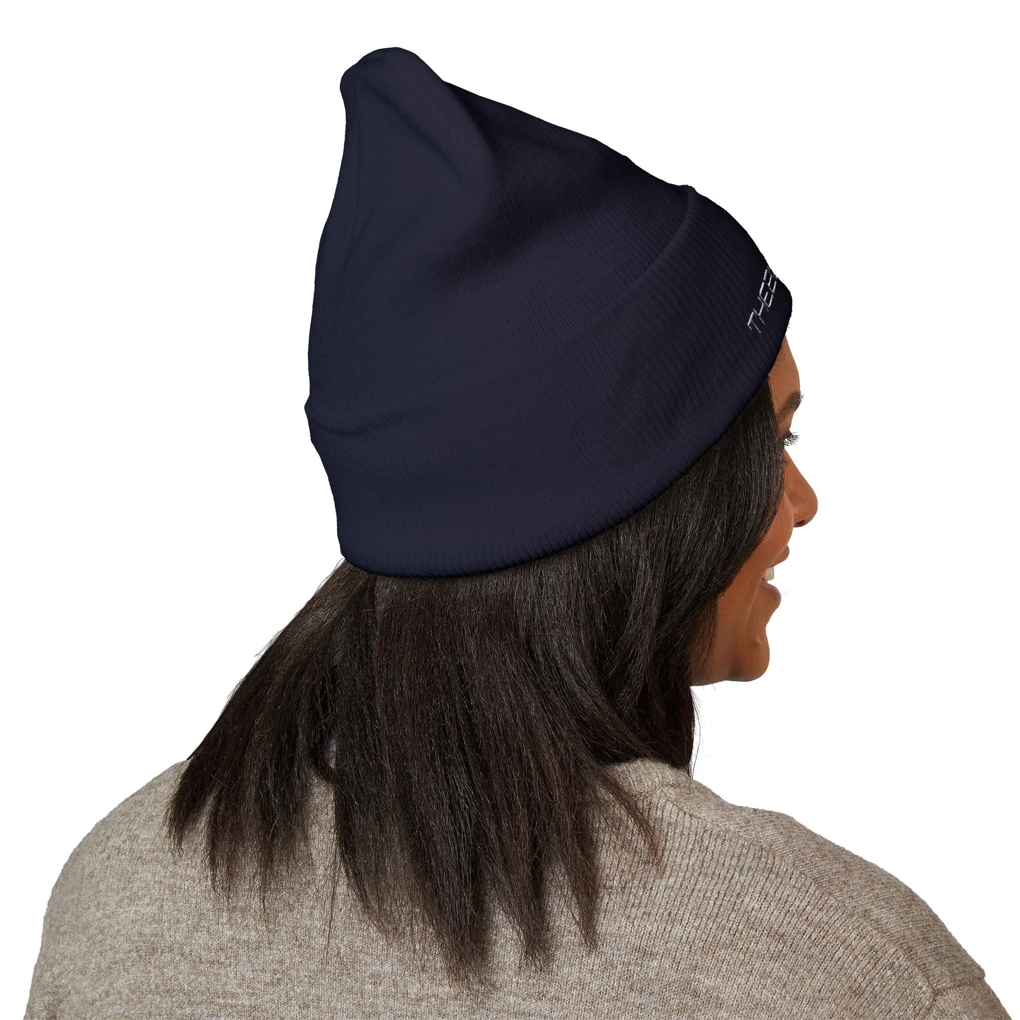 Embroidered White Cuffed Beanie — Minimal 'B' Logo Knit Hat