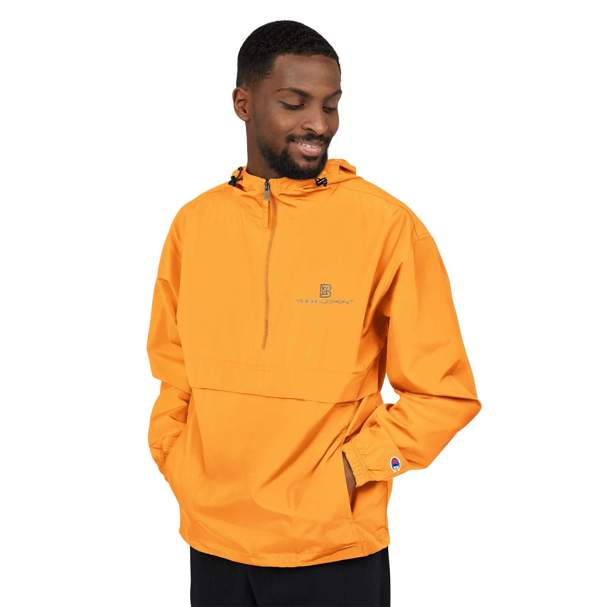 Black Packable Anorak Jacket with Minimal Floral Logo — Lightweight Hooded Windbreaker