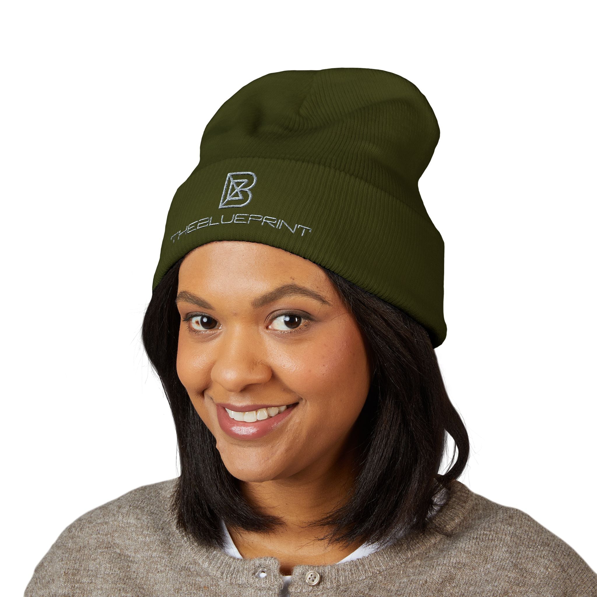 Embroidered White Cuffed Beanie — Minimal 'B' Logo Knit Hat