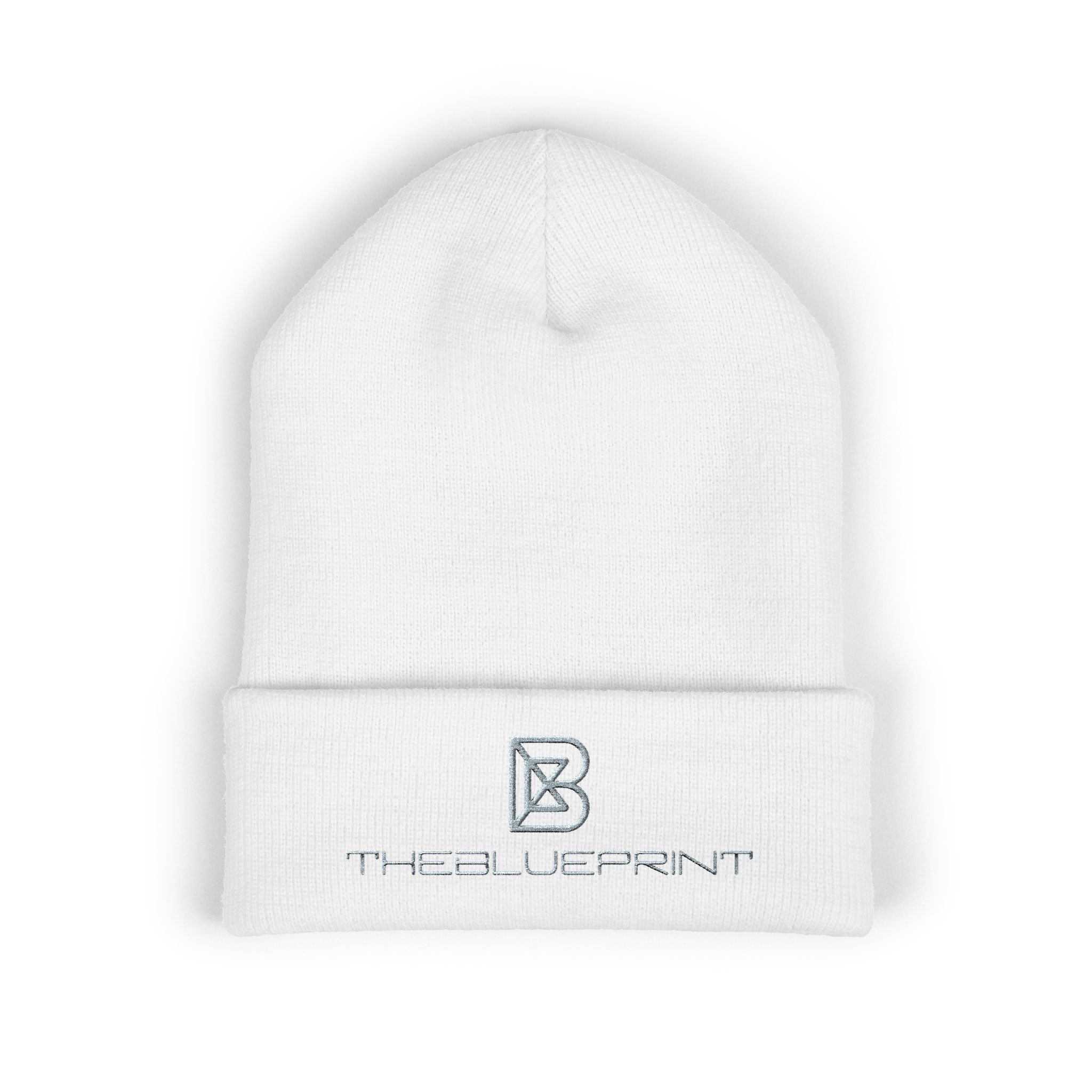Embroidered White Cuffed Beanie — Minimal 'B' Logo Knit Hat
