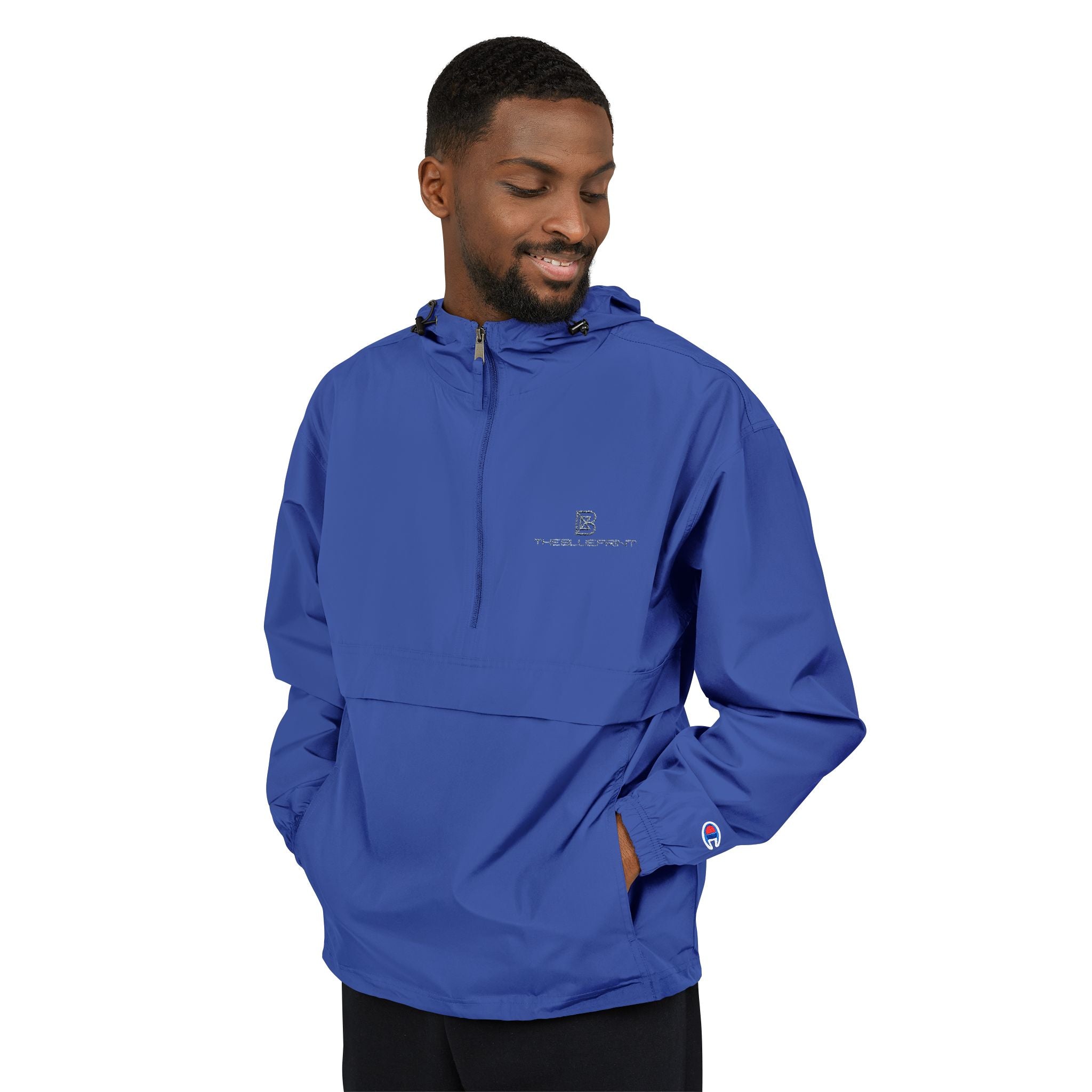 Black Packable Anorak Jacket with Minimal Floral Logo — Lightweight Hooded Windbreaker