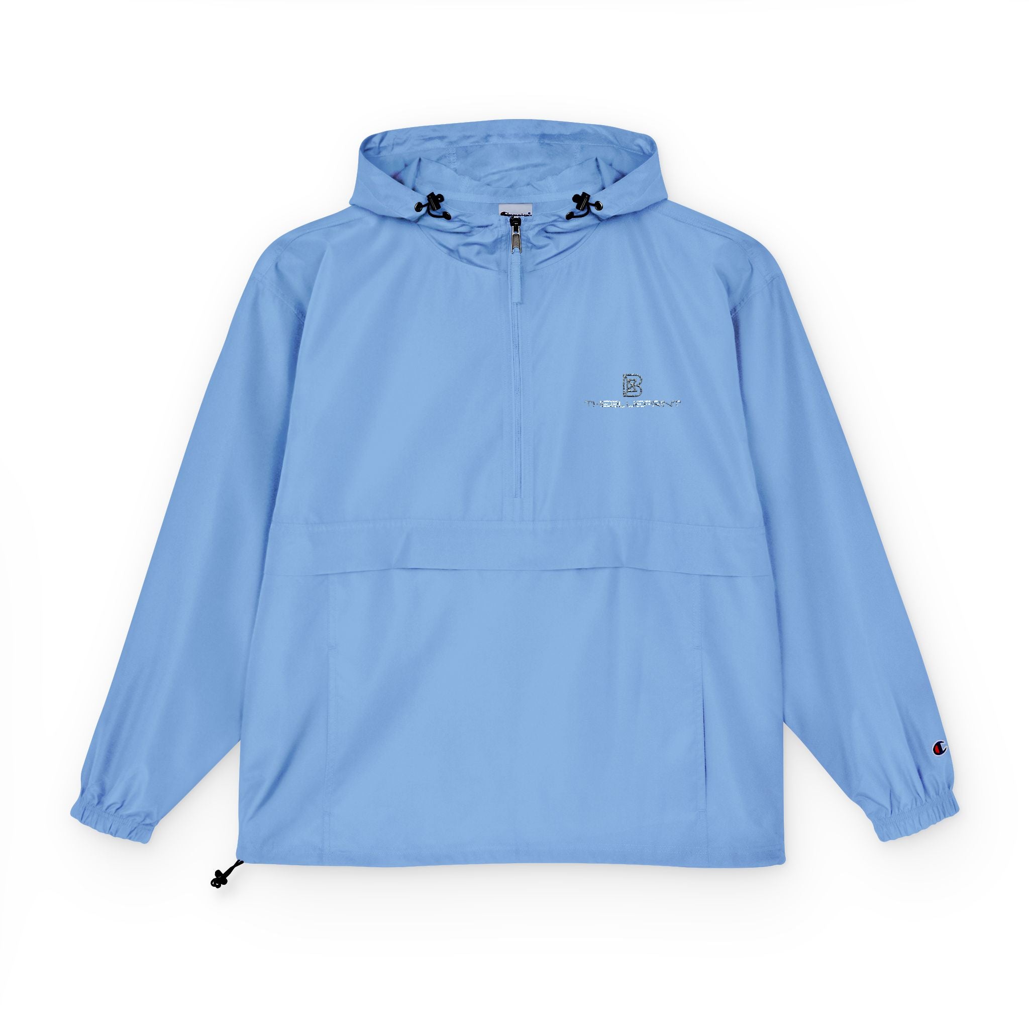Black Packable Anorak Jacket with Minimal Floral Logo — Lightweight Hooded Windbreaker