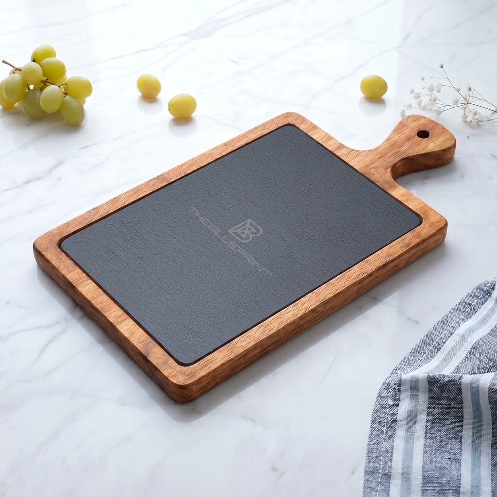 Engraved Acacia Charcuterie Board with Slate Insert & Cheese Tools