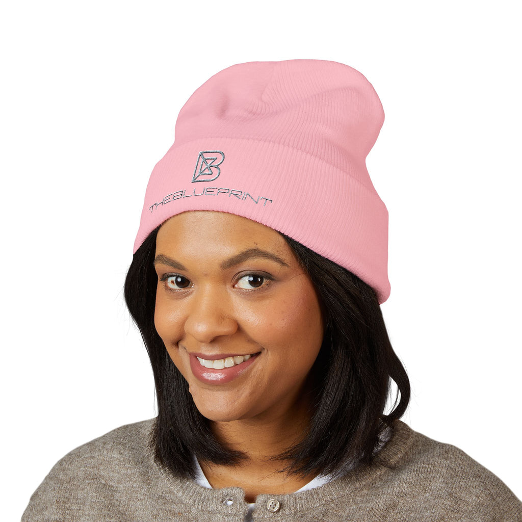 Embroidered White Cuffed Beanie — Minimal 'B' Logo Knit Hat