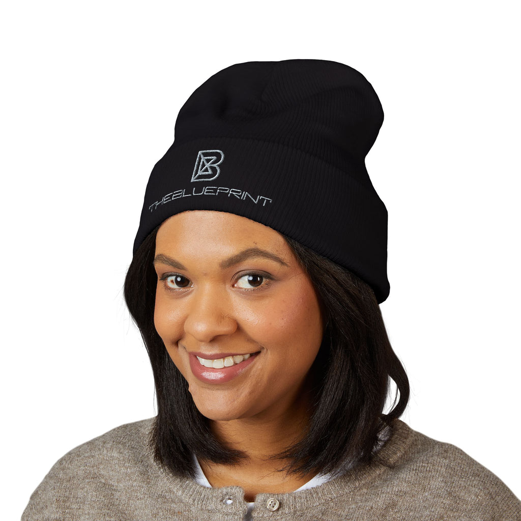 Embroidered White Cuffed Beanie — Minimal 'B' Logo Knit Hat