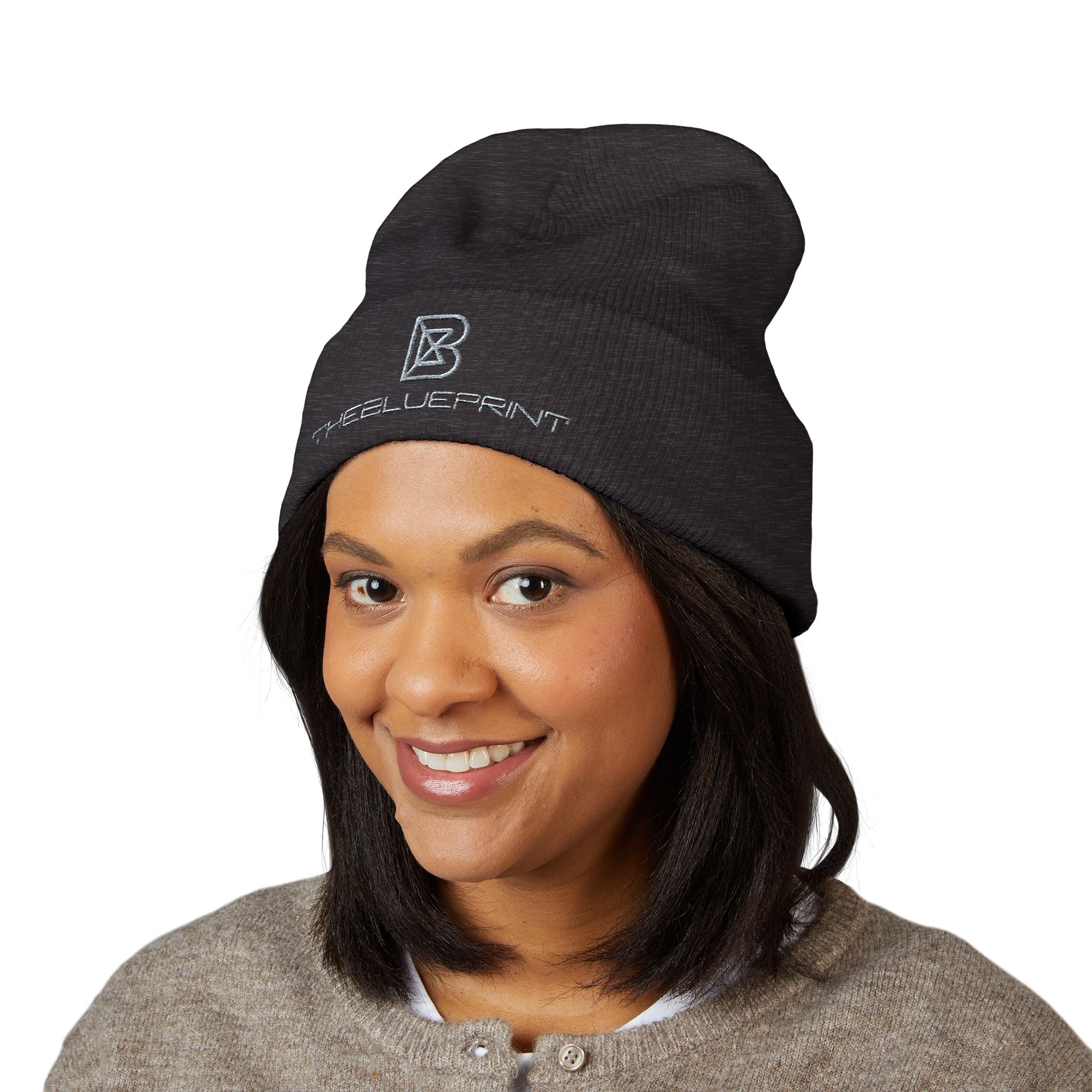 Embroidered White Cuffed Beanie — Minimal 'B' Logo Knit Hat