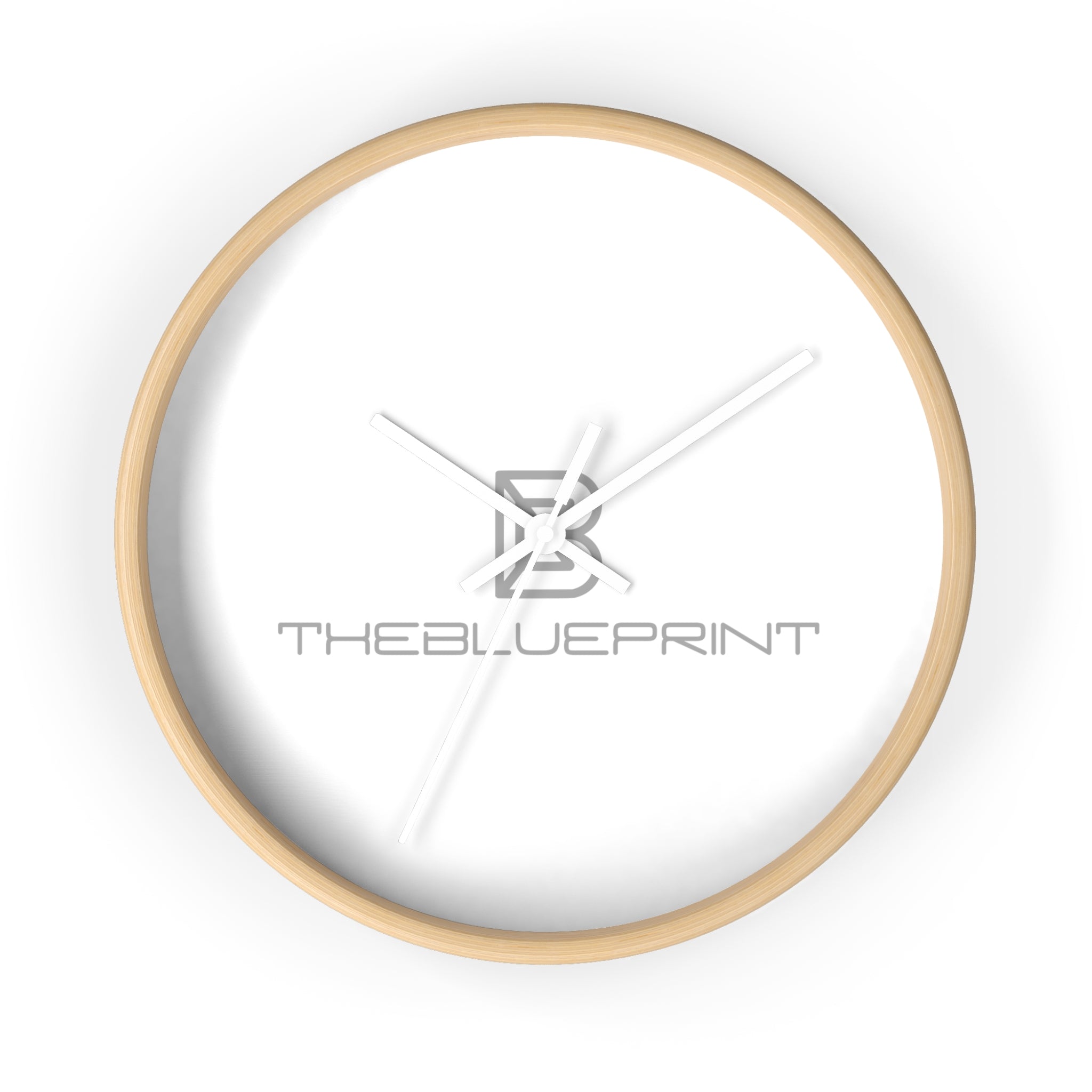 Minimalist Logo Wall Clock — Modern Wooden Frame Clock with 'THEBLUEPRINT' Design