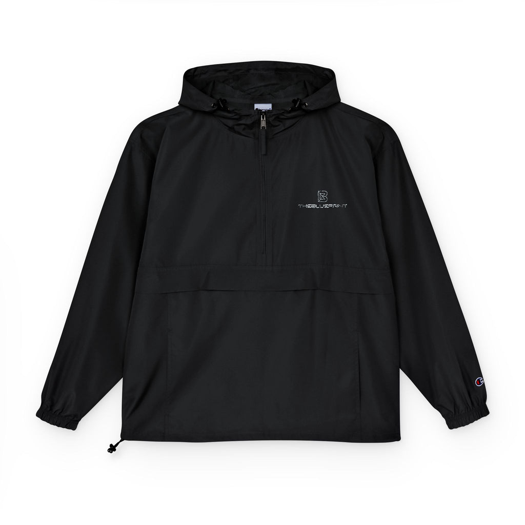 Black Packable Anorak Jacket with Minimal Floral Logo — Lightweight Hooded Windbreaker