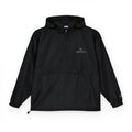 Black Packable Anorak Jacket with Minimal Floral Logo — Lightweight Hooded Windbreaker