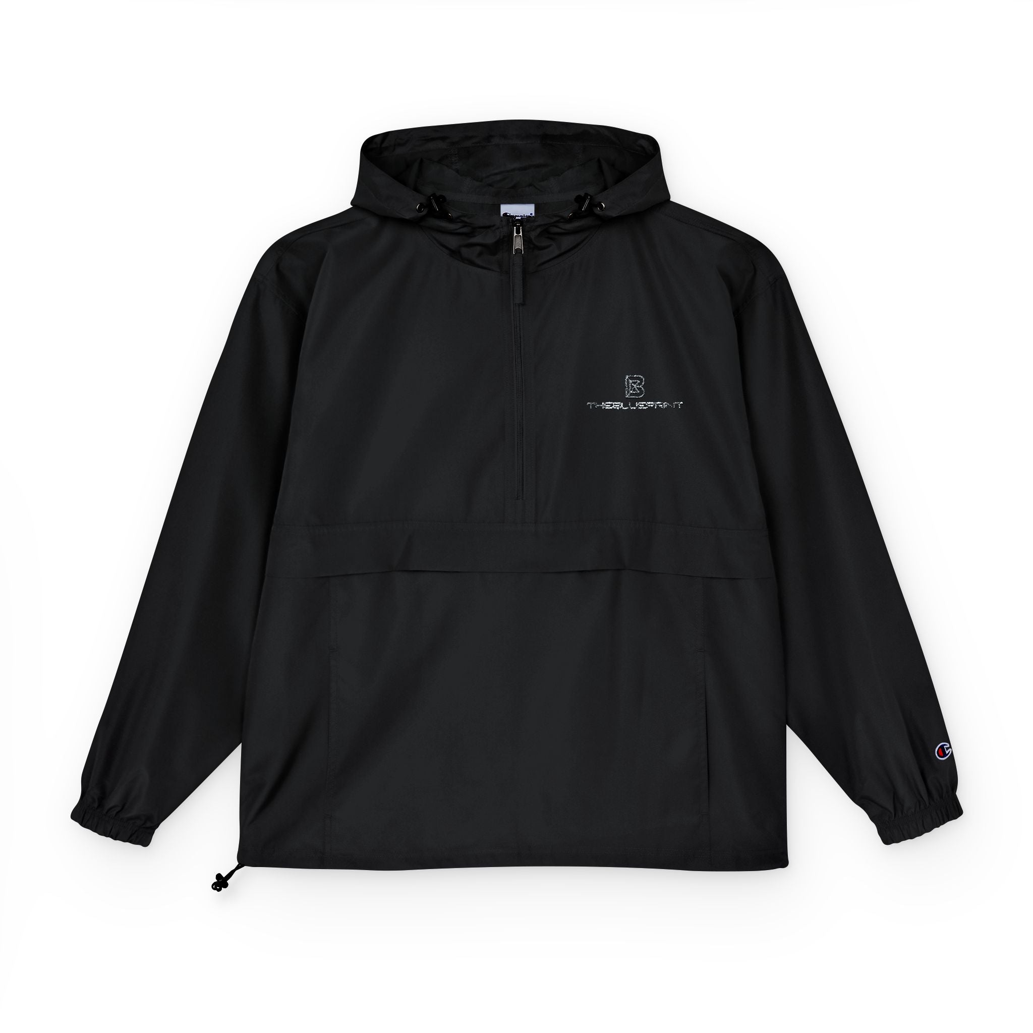 Black Packable Anorak Jacket with Minimal Floral Logo — Lightweight Hooded Windbreaker