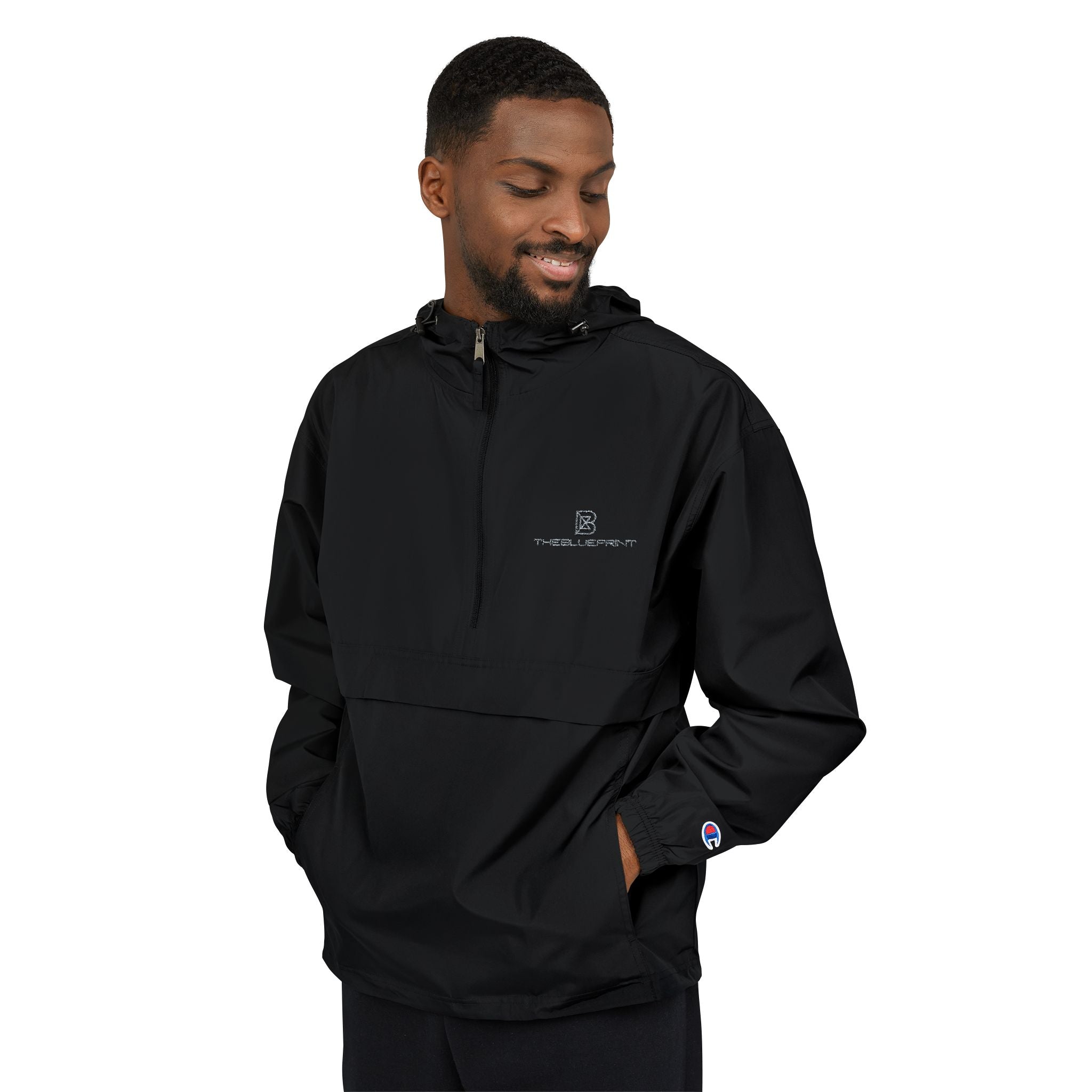 Black Packable Anorak Jacket with Minimal Floral Logo — Lightweight Hooded Windbreaker