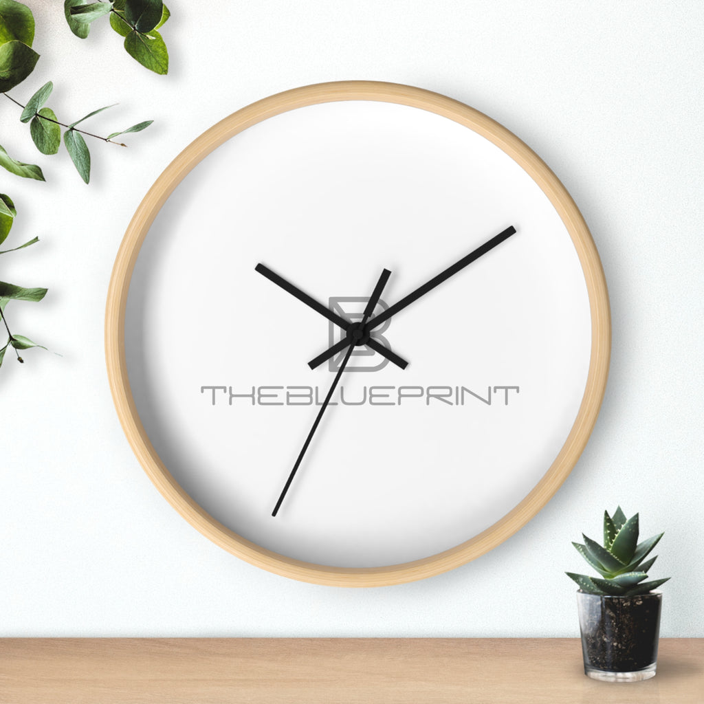 Minimalist Logo Wall Clock — Modern Wooden Frame Clock with 'THEBLUEPRINT' Design