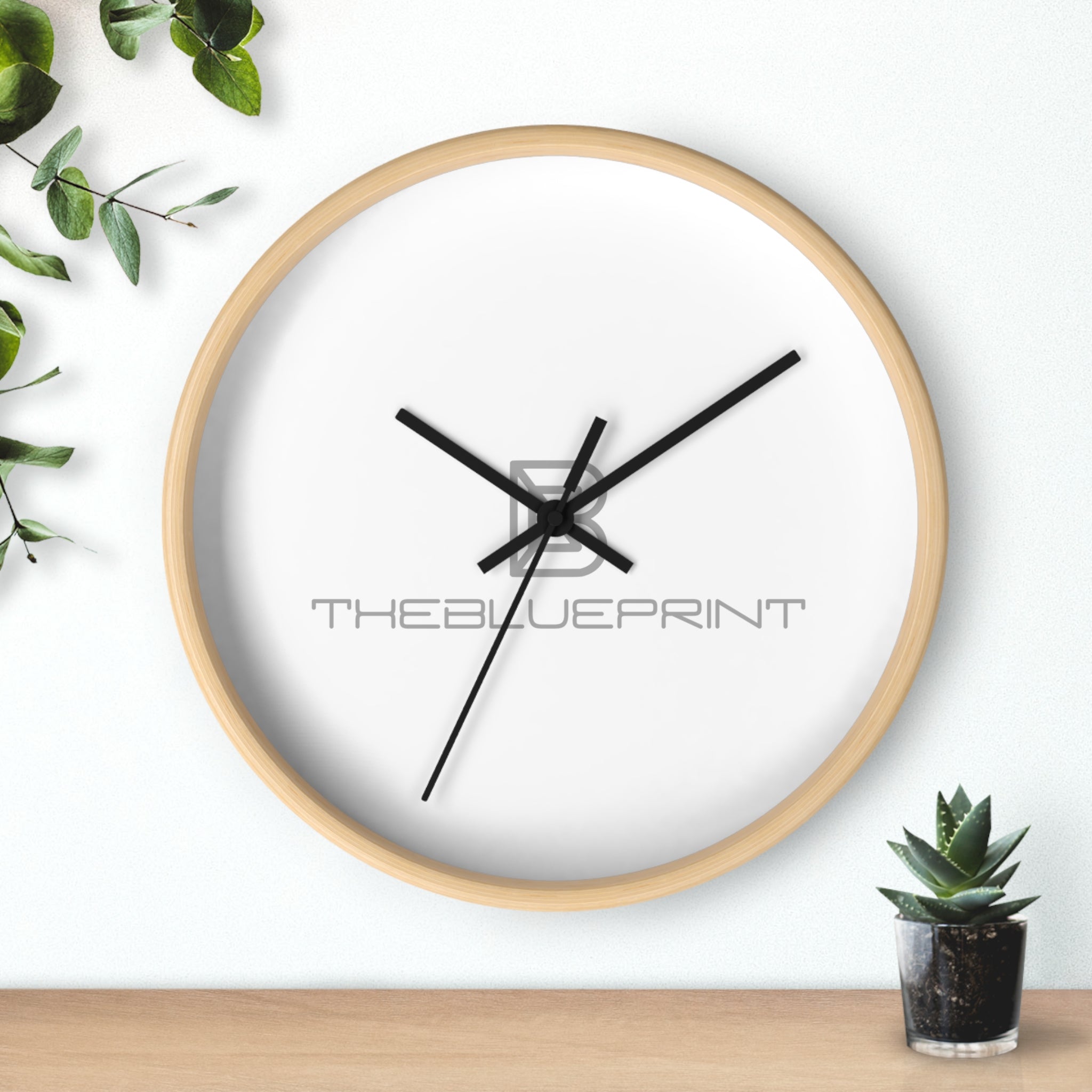 Minimalist Logo Wall Clock — Modern Wooden Frame Clock with 'THEBLUEPRINT' Design