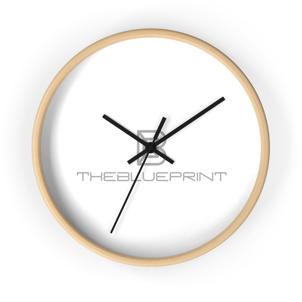 Minimalist Logo Wall Clock — Modern Wooden Frame Clock with 'THEBLUEPRINT' Design