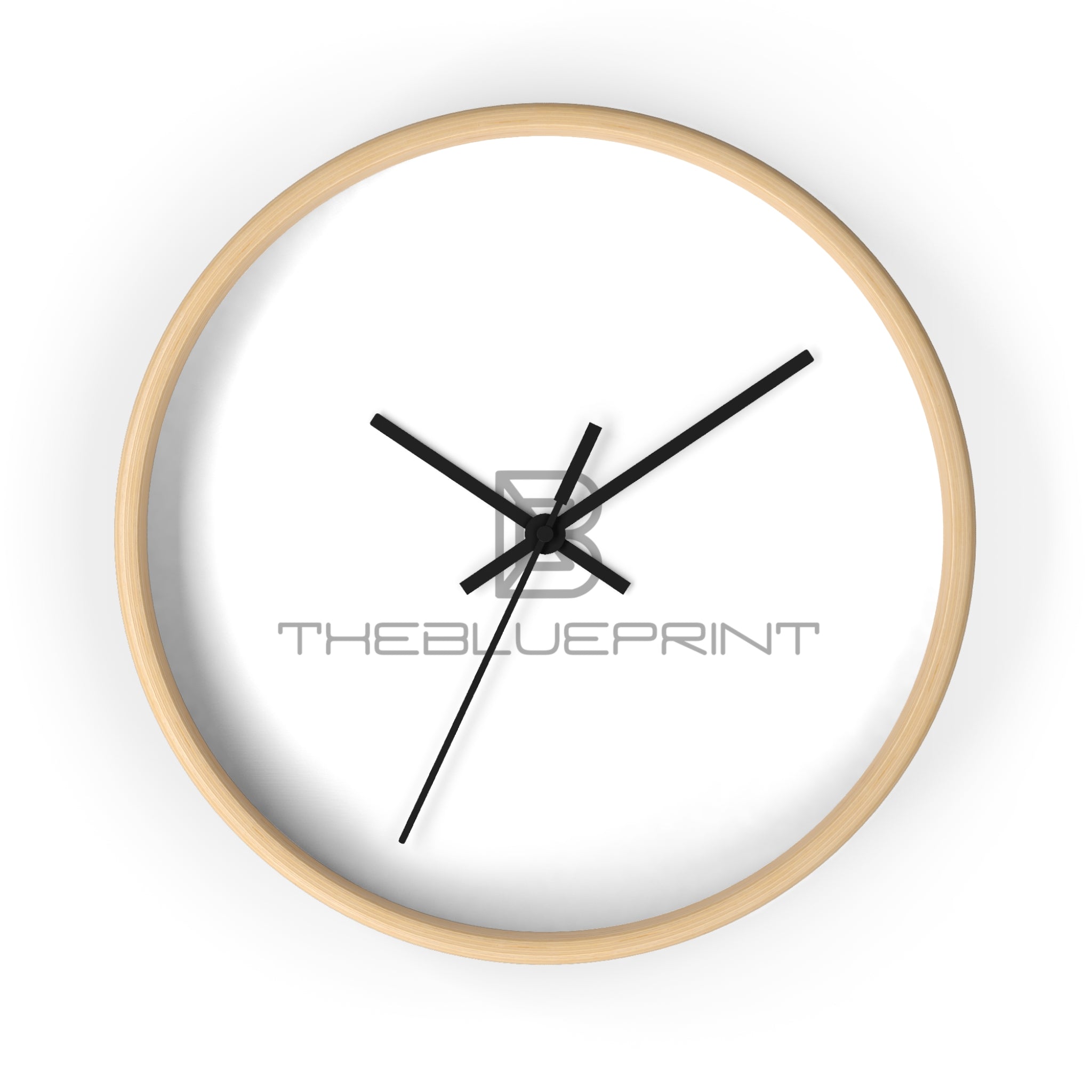 Minimalist Logo Wall Clock — Modern Wooden Frame Clock with 'THEBLUEPRINT' Design