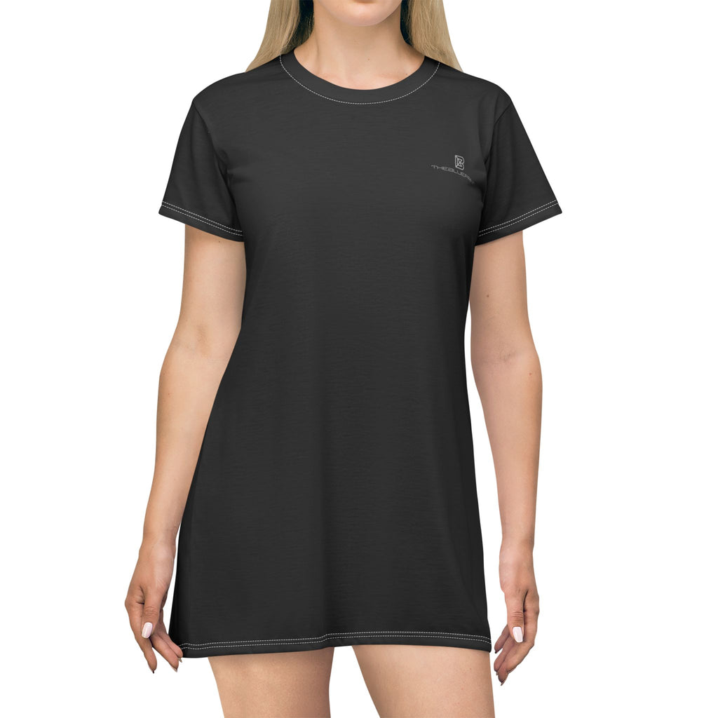 Black Minimal T-Shirt Dress — Casual All-Over Print Summer Tee Dress