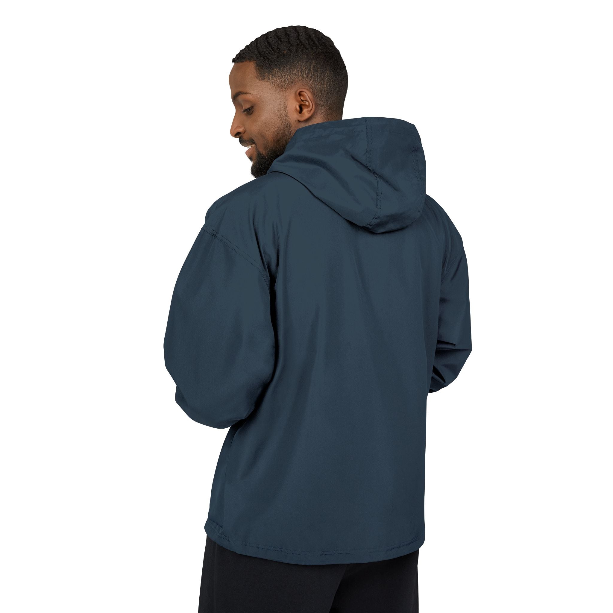 Black Packable Anorak Jacket with Minimal Floral Logo — Lightweight Hooded Windbreaker