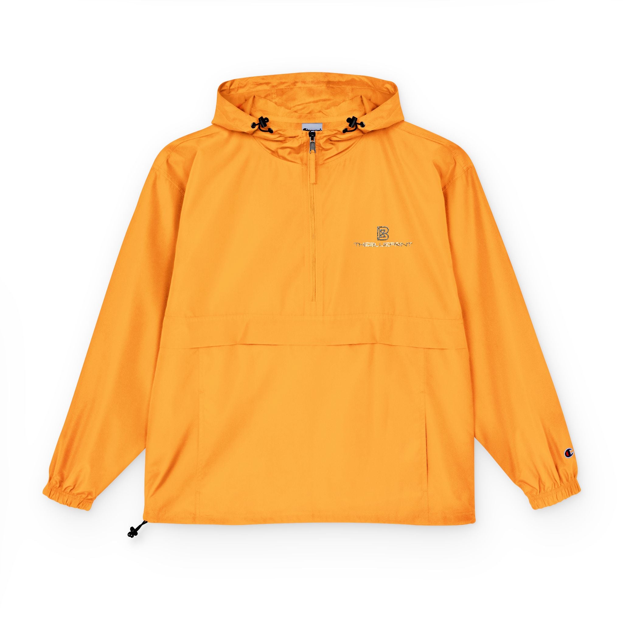 Black Packable Anorak Jacket with Minimal Floral Logo — Lightweight Hooded Windbreaker