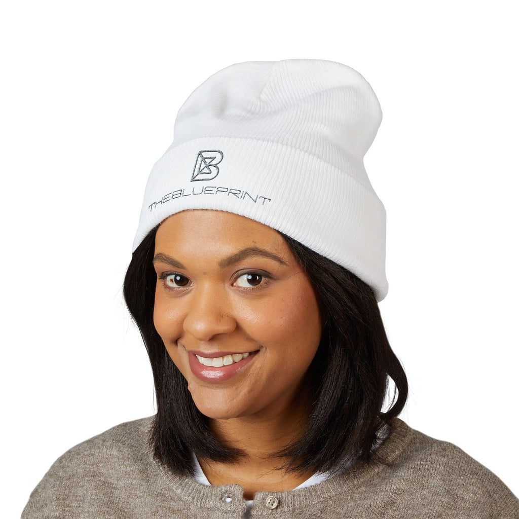 Embroidered White Cuffed Beanie — Minimal 'B' Logo Knit Hat