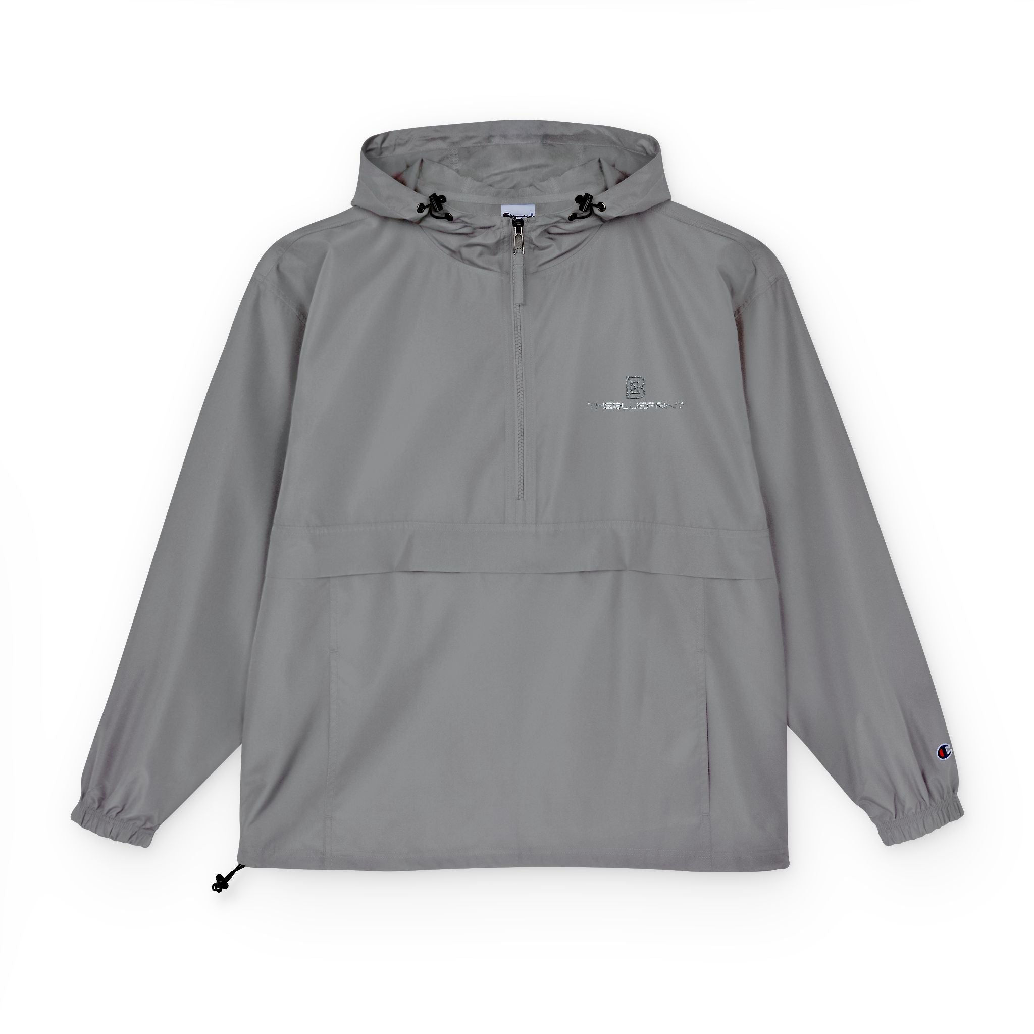 Black Packable Anorak Jacket with Minimal Floral Logo — Lightweight Hooded Windbreaker