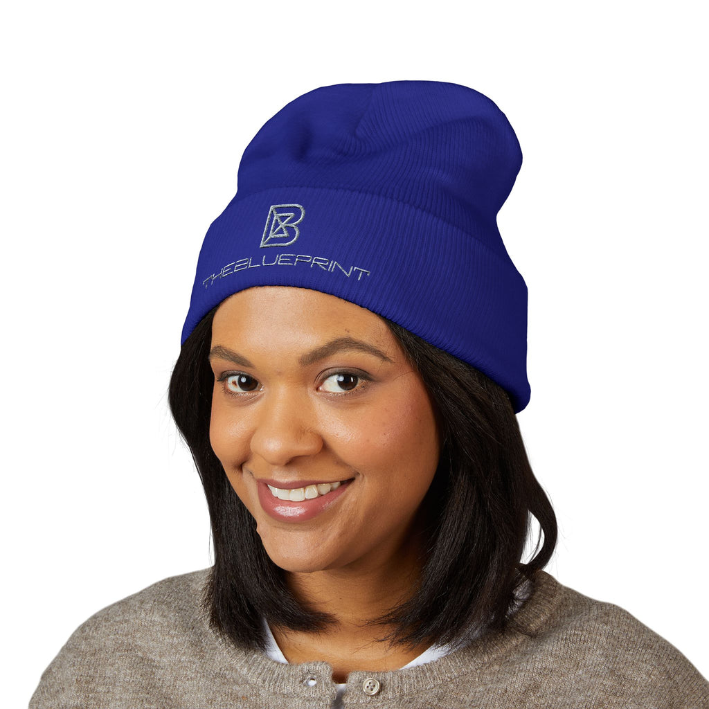 Embroidered White Cuffed Beanie — Minimal 'B' Logo Knit Hat