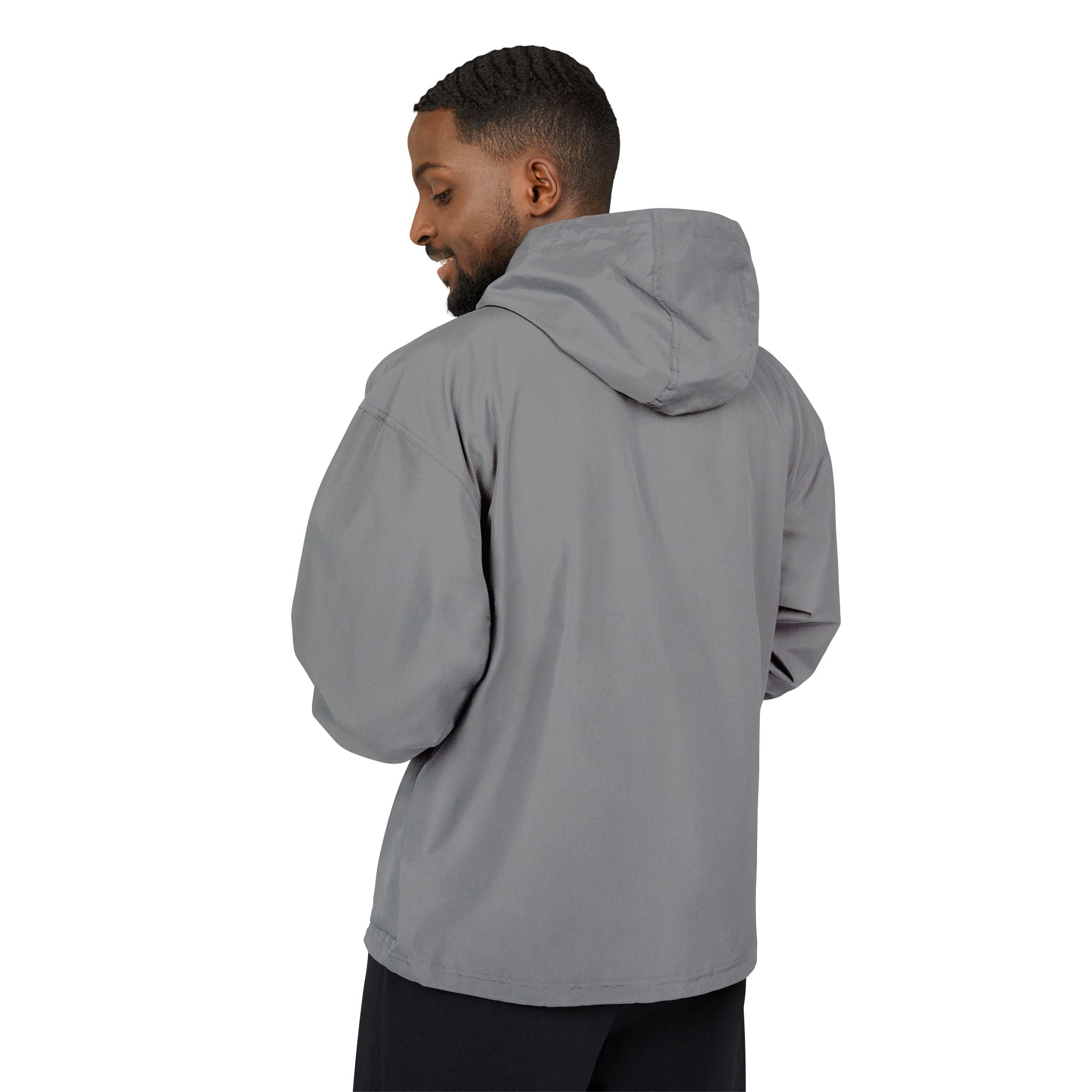 Black Packable Anorak Jacket with Minimal Floral Logo — Lightweight Hooded Windbreaker