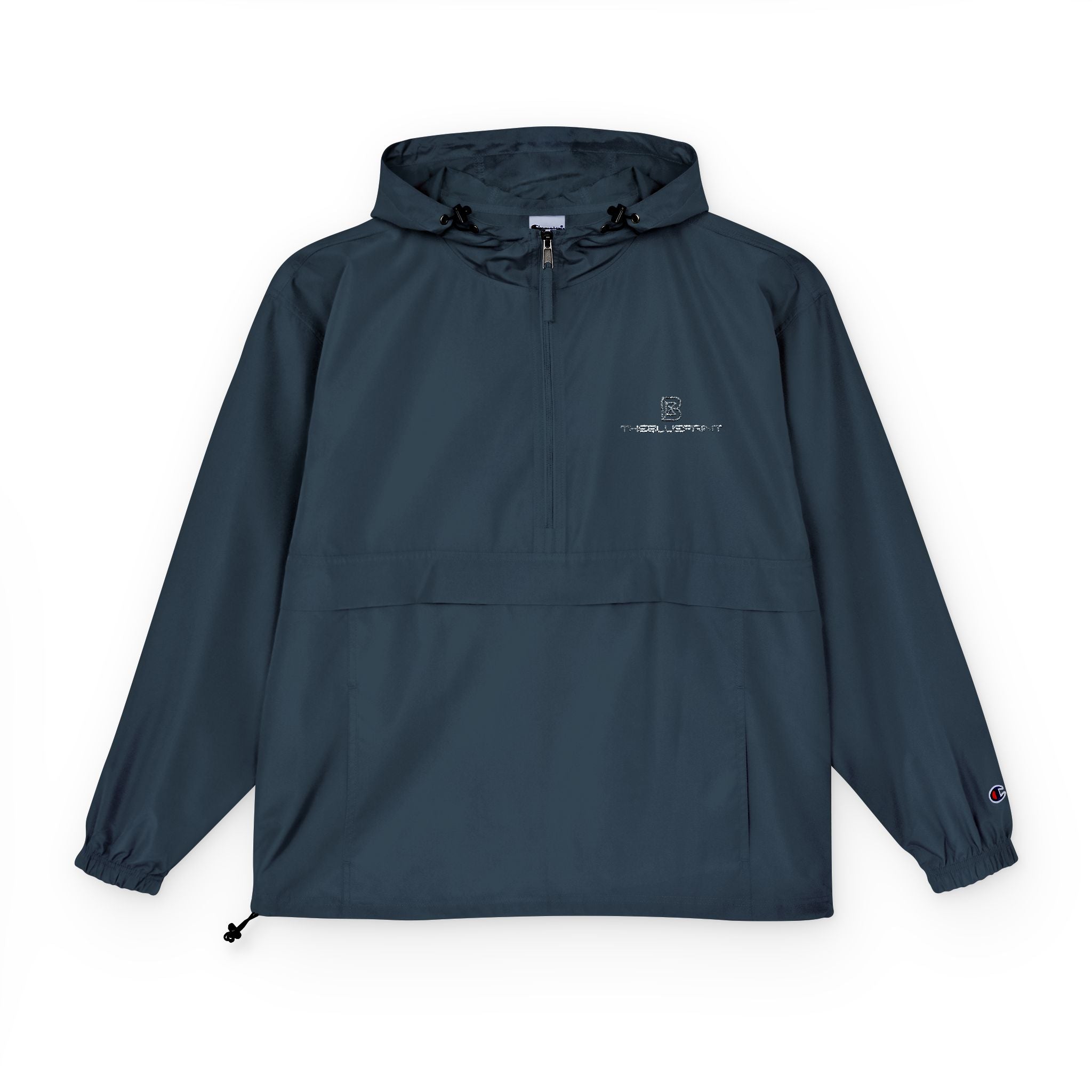 Black Packable Anorak Jacket with Minimal Floral Logo — Lightweight Hooded Windbreaker
