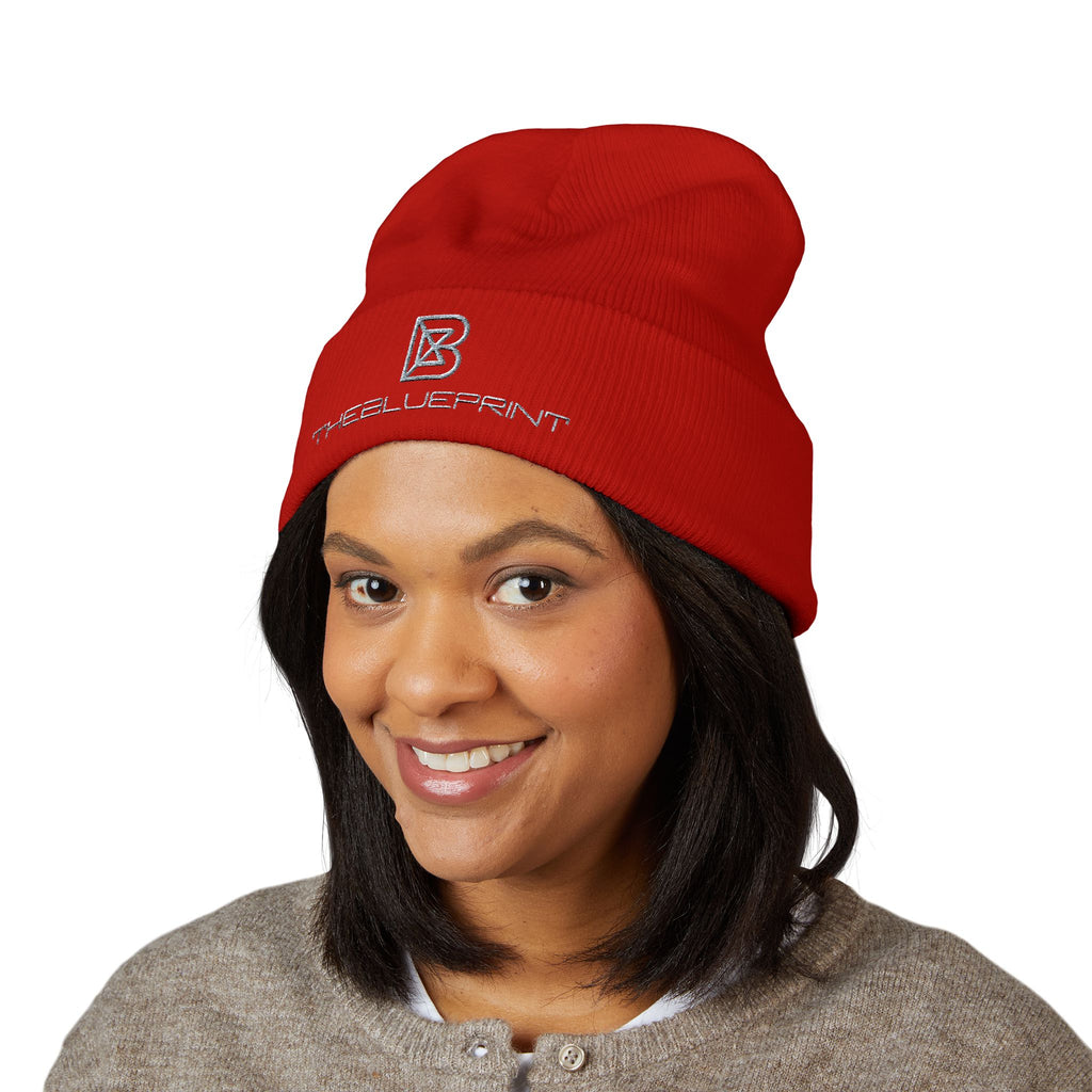 Embroidered White Cuffed Beanie — Minimal 'B' Logo Knit Hat