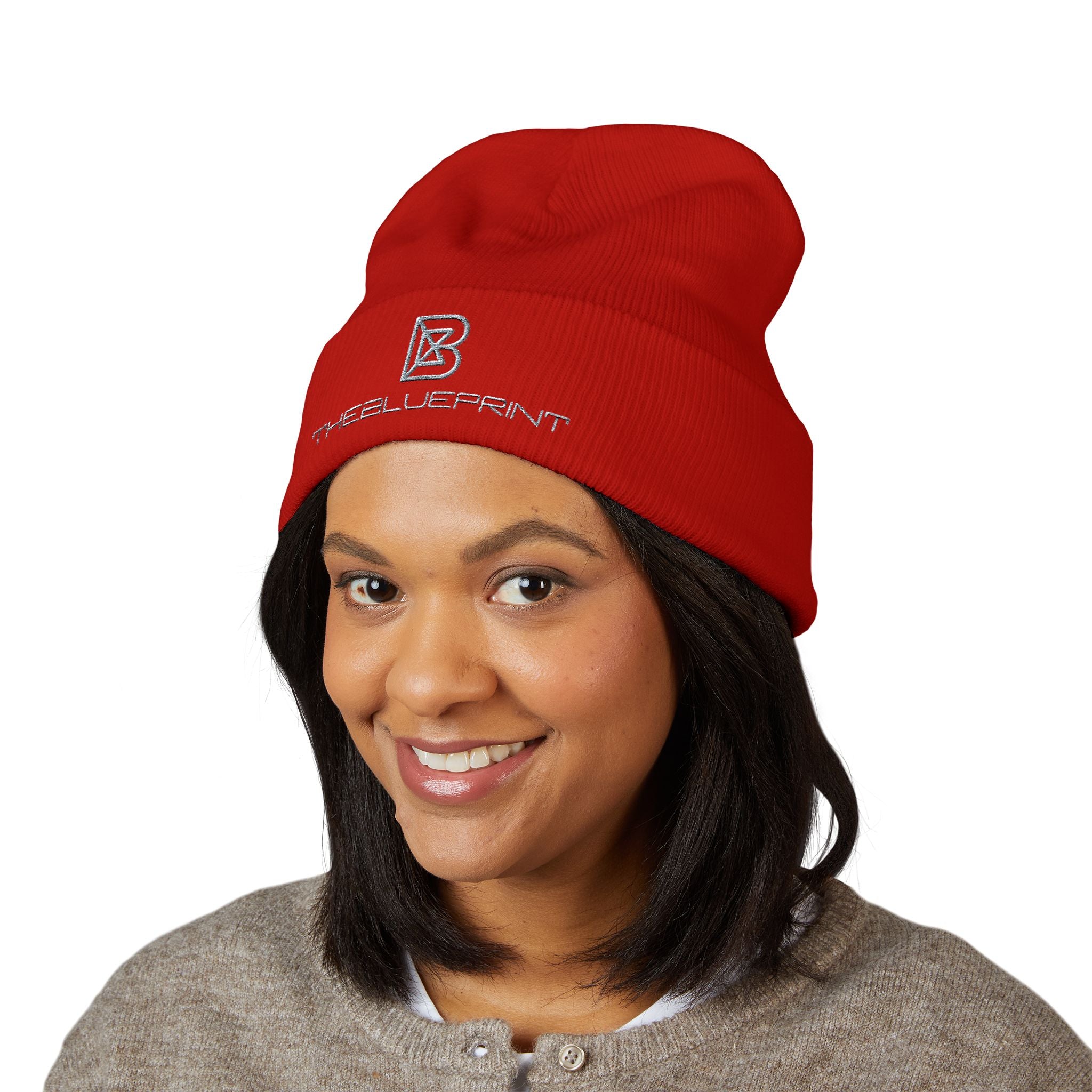 Embroidered White Cuffed Beanie — Minimal 'B' Logo Knit Hat