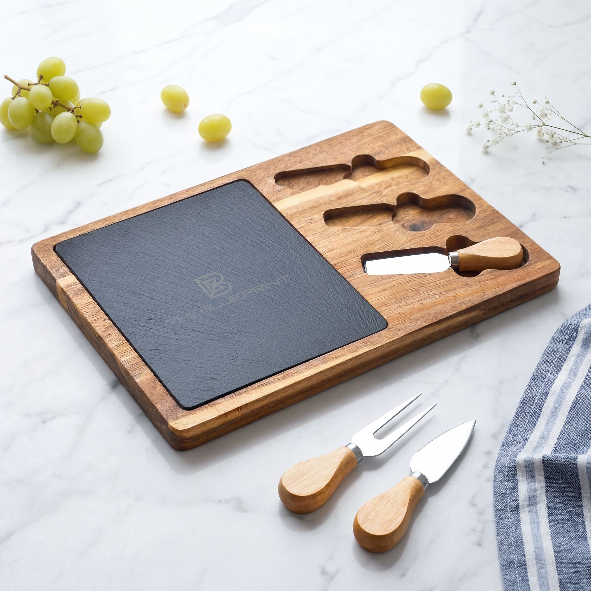 Engraved Acacia Charcuterie Board with Slate Insert & Cheese Tools