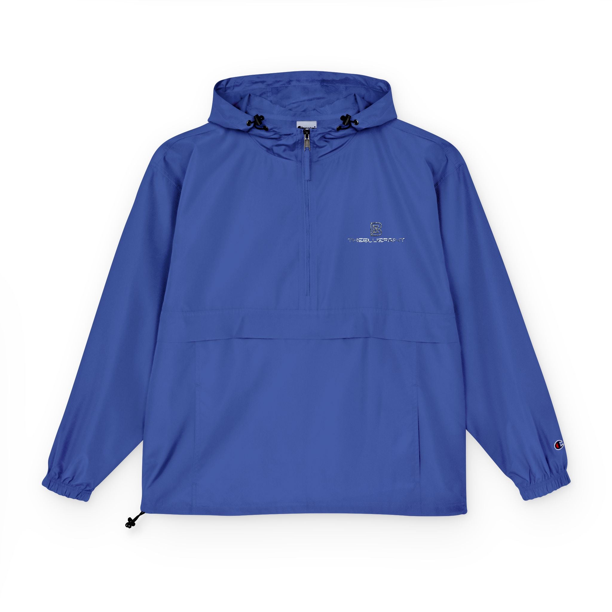 Black Packable Anorak Jacket with Minimal Floral Logo — Lightweight Hooded Windbreaker