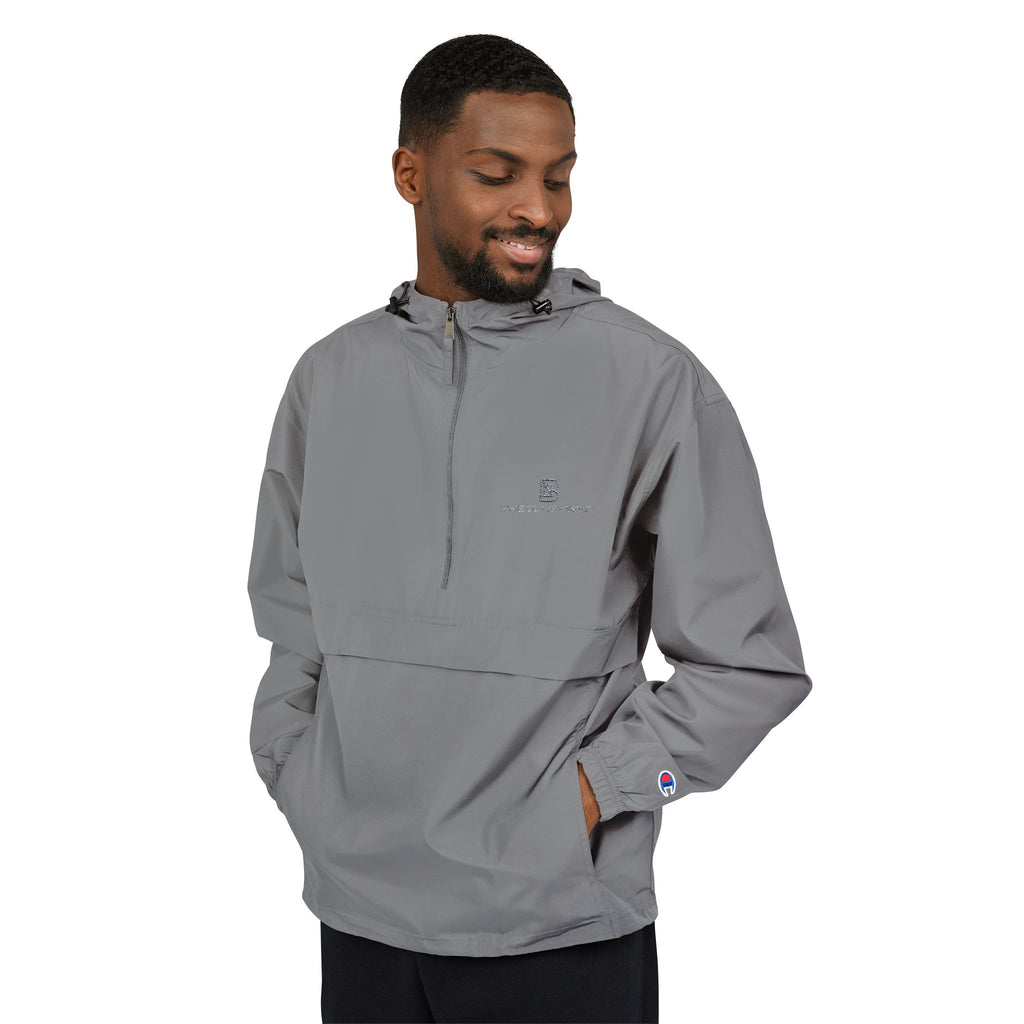 Black Packable Anorak Jacket with Minimal Floral Logo — Lightweight Hooded Windbreaker