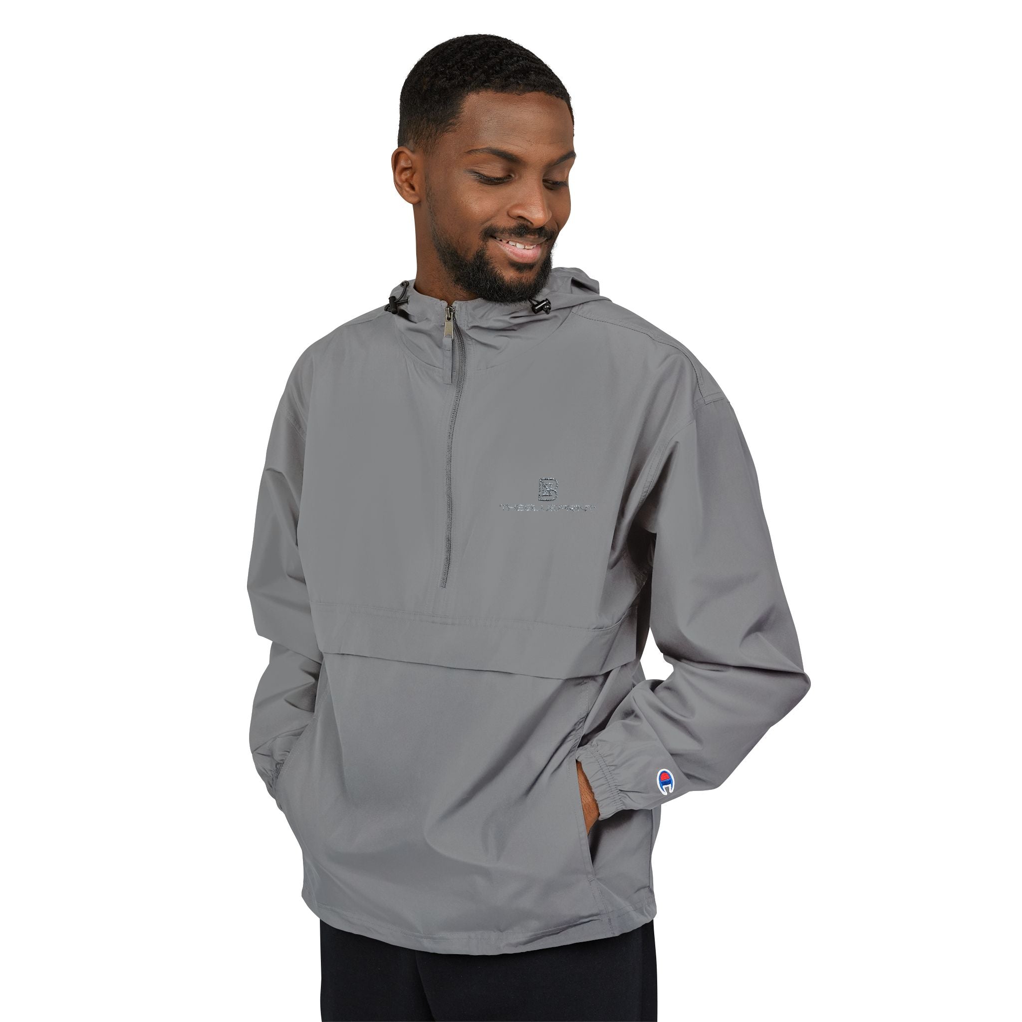 Black Packable Anorak Jacket with Minimal Floral Logo — Lightweight Hooded Windbreaker
