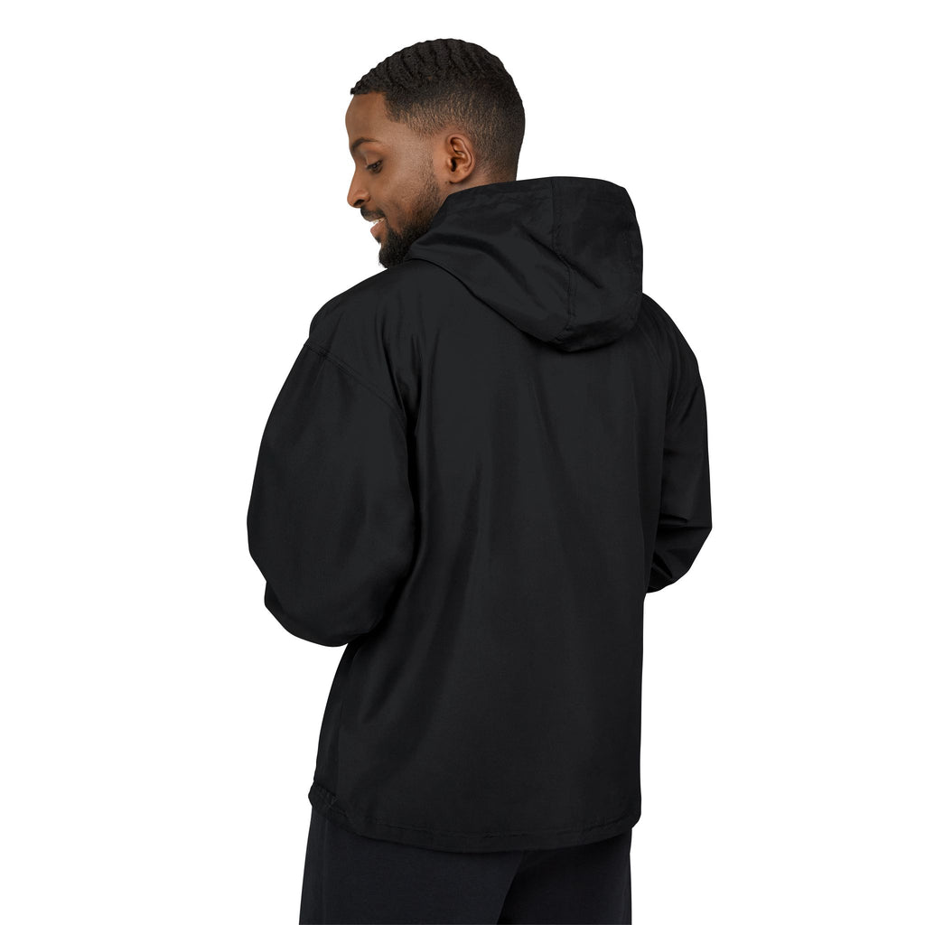 Black Packable Anorak Jacket with Minimal Floral Logo — Lightweight Hooded Windbreaker