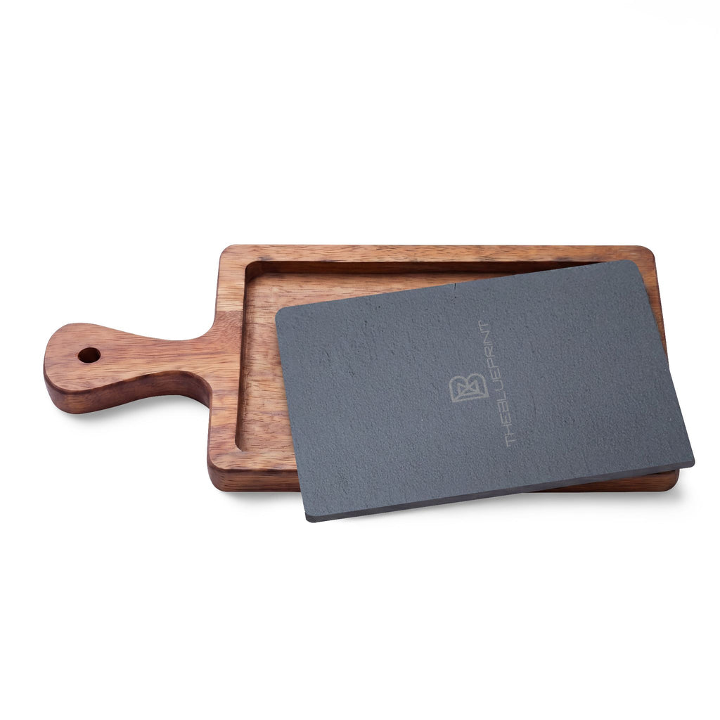 Engraved Acacia Charcuterie Board with Slate Insert & Cheese Tools
