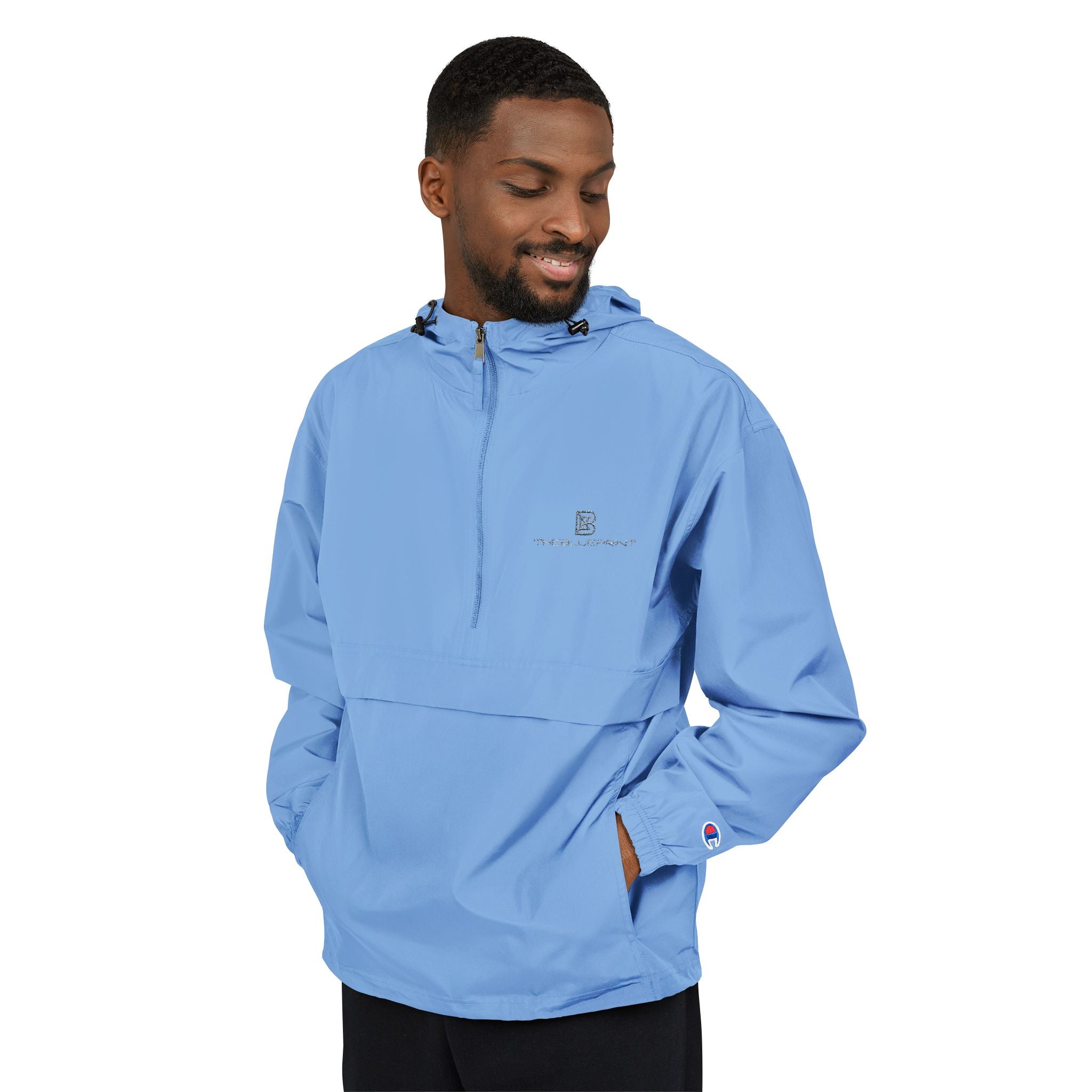 Black Packable Anorak Jacket with Minimal Floral Logo — Lightweight Hooded Windbreaker